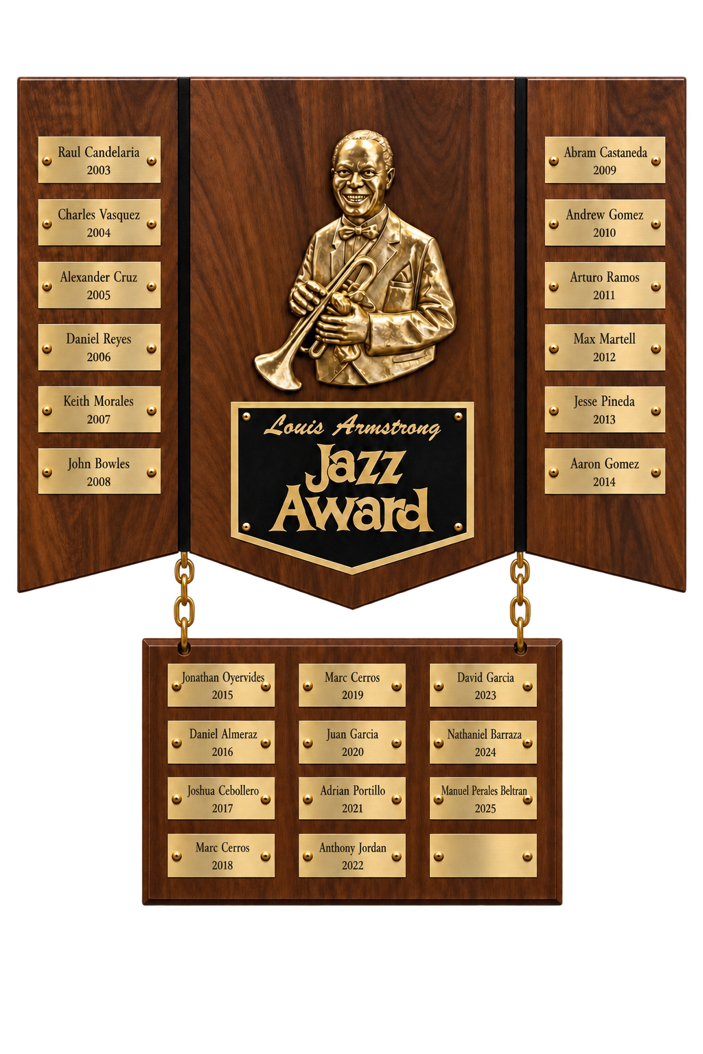 Louis Armstrong Jazz Award plaque listing recipients by year